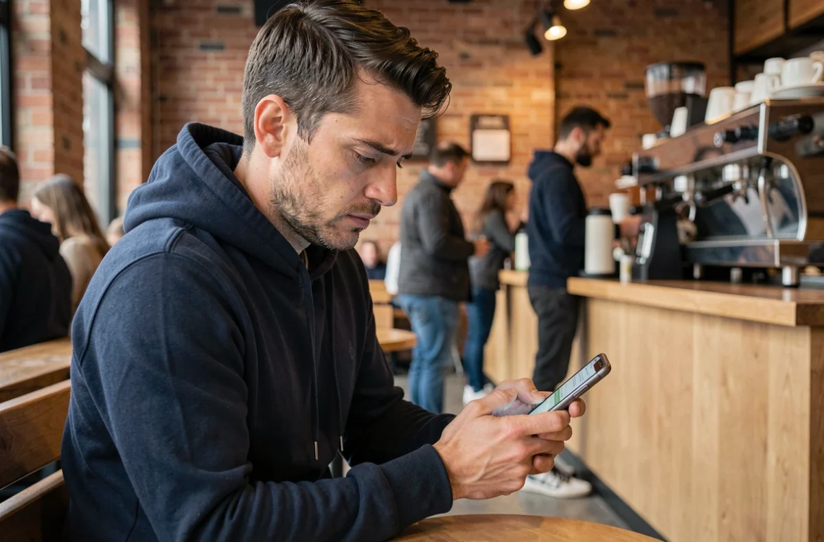 Homme utilisant son smartphone dans un café public avec une expression d'inquiétude liée à la confidentialité de ses données personnelles