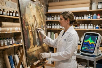 Conservatrice de musée analysant une peinture Renaissance avec un scanner XRF dans un laboratoire de restauration