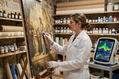 Conservatrice de musée analysant une peinture Renaissance avec un scanner XRF dans un laboratoire de restauration