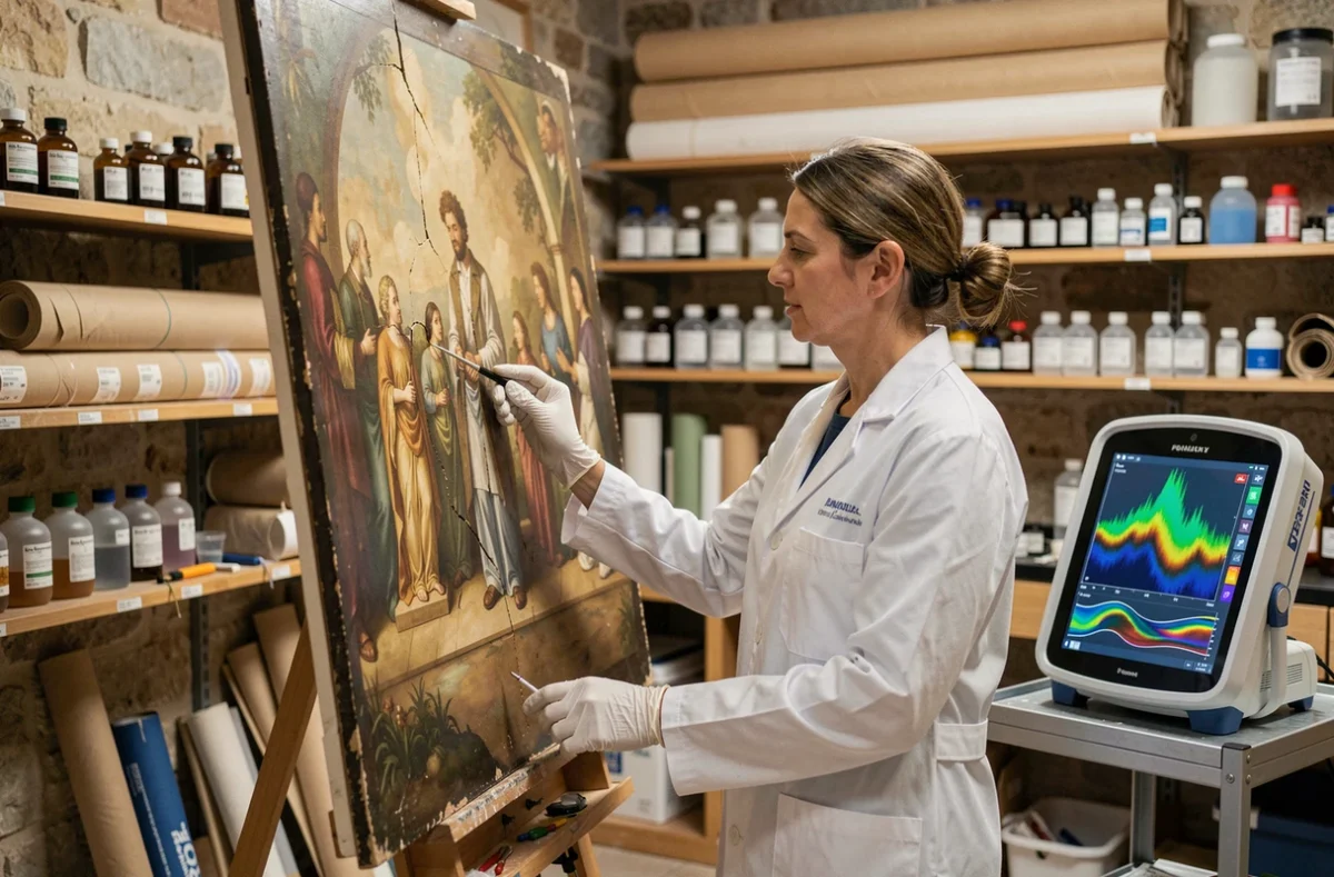 Conservatrice de musée analysant une peinture Renaissance avec un scanner XRF dans un laboratoire de restauration