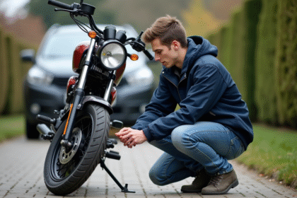 Jeune homme vérifiant la pression des pneus de sa moto Dax