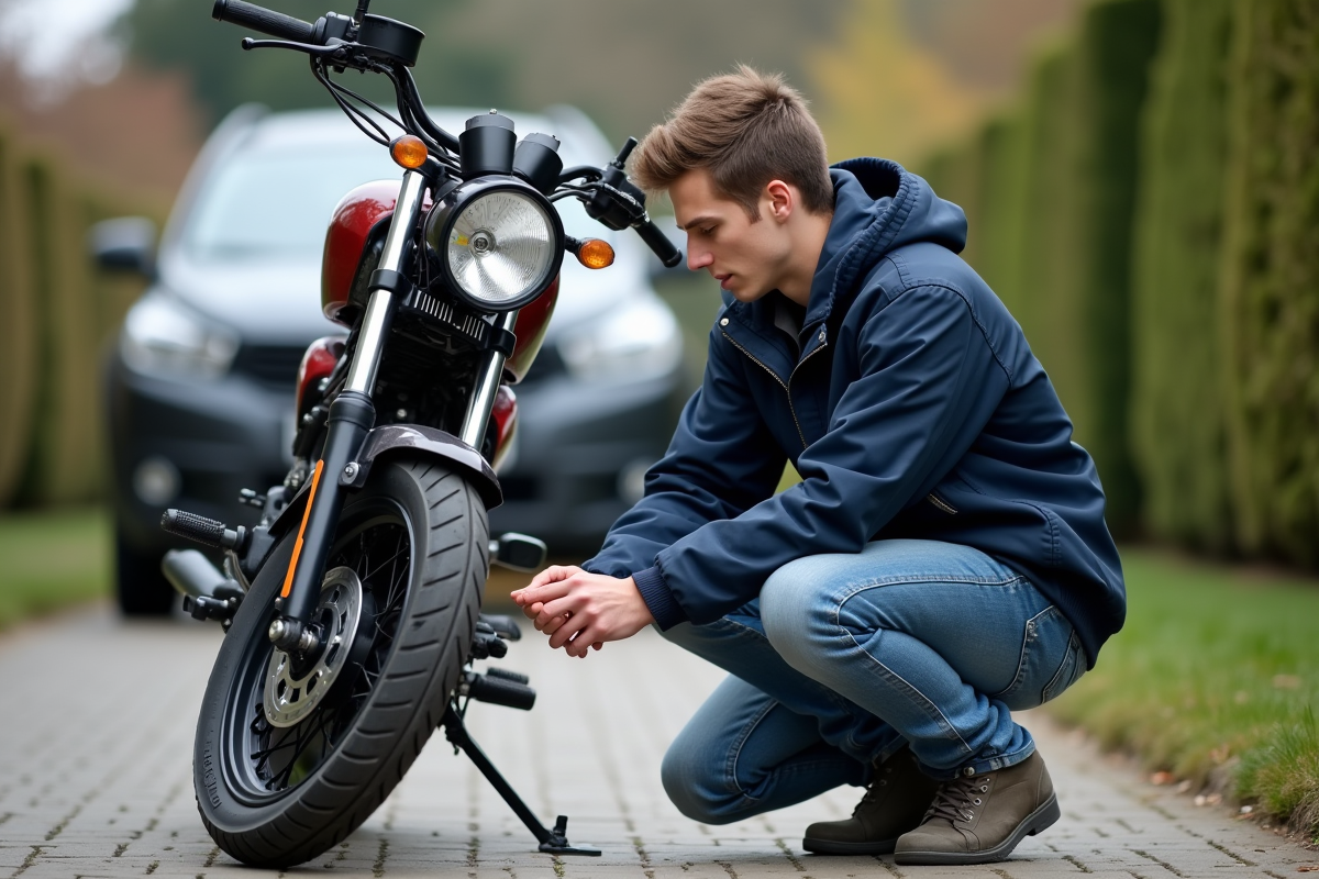 Jeune homme vérifiant la pression des pneus de sa moto Dax