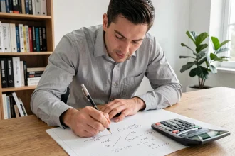 Ingénieur calculant la conversion de degrés en pourcentage sur du papier millimétré avec une calculatrice scientifique sur un bureau en bois