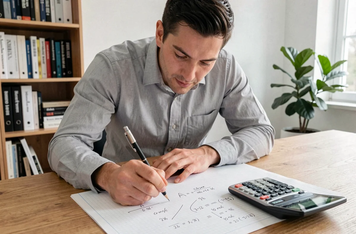 Ingénieur calculant la conversion de degrés en pourcentage sur du papier millimétré avec une calculatrice scientifique sur un bureau en bois