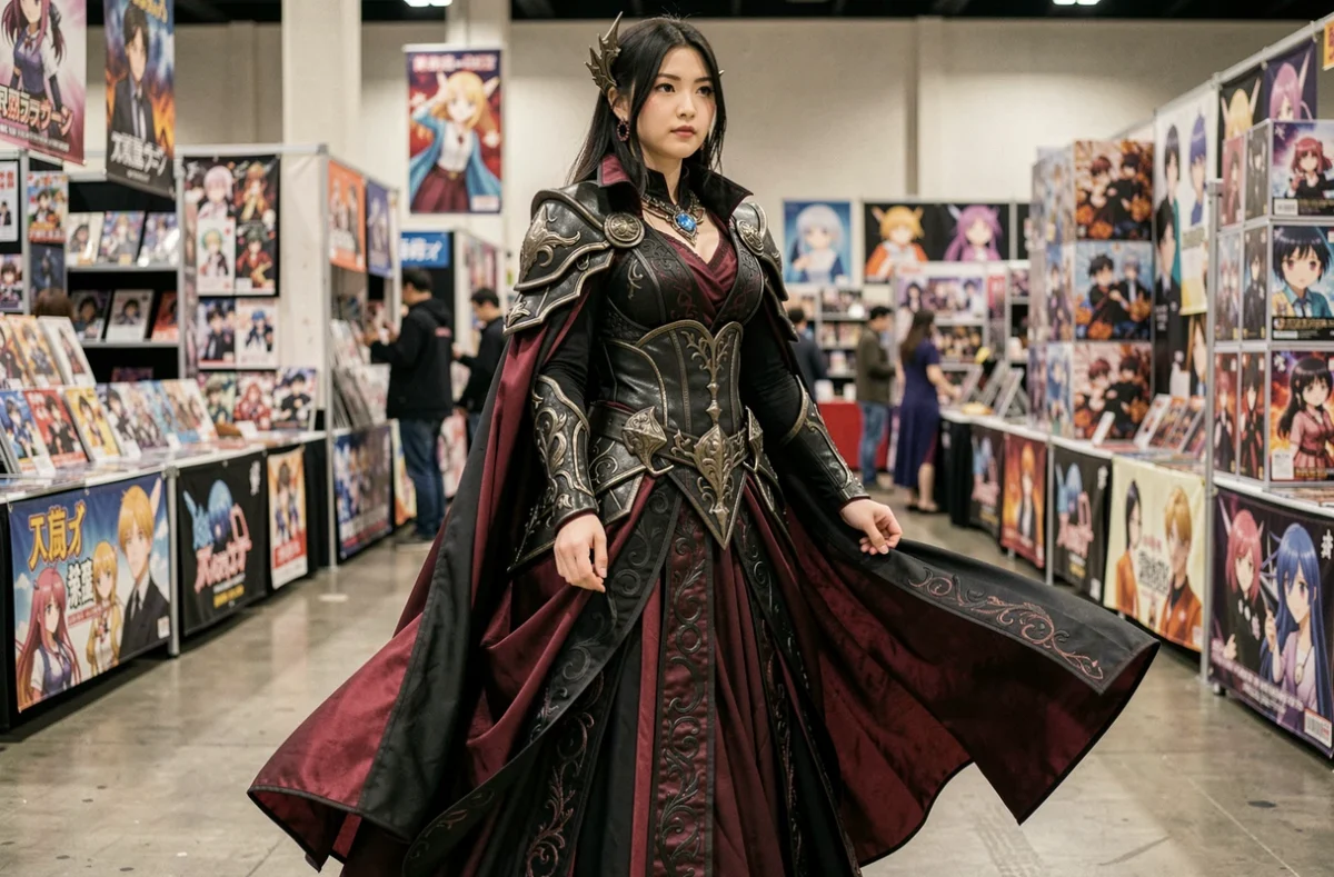 Cosplayeuse en costume de fantasy sombre inspiré d'un personnage de princesse noire lors d'un salon anime en 2026