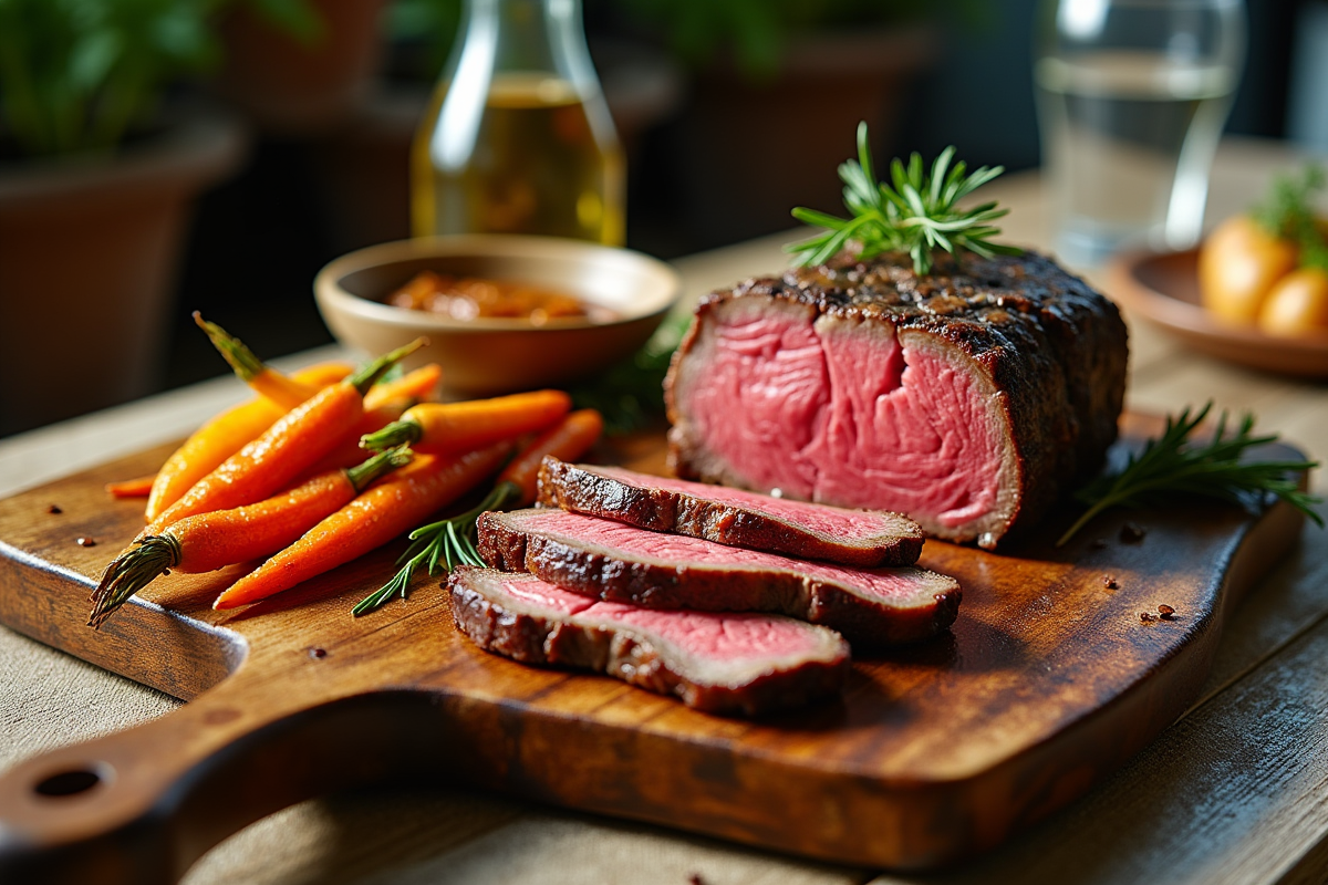 Côte de boeuf tranchée sur planche en bois avec légumes colorés