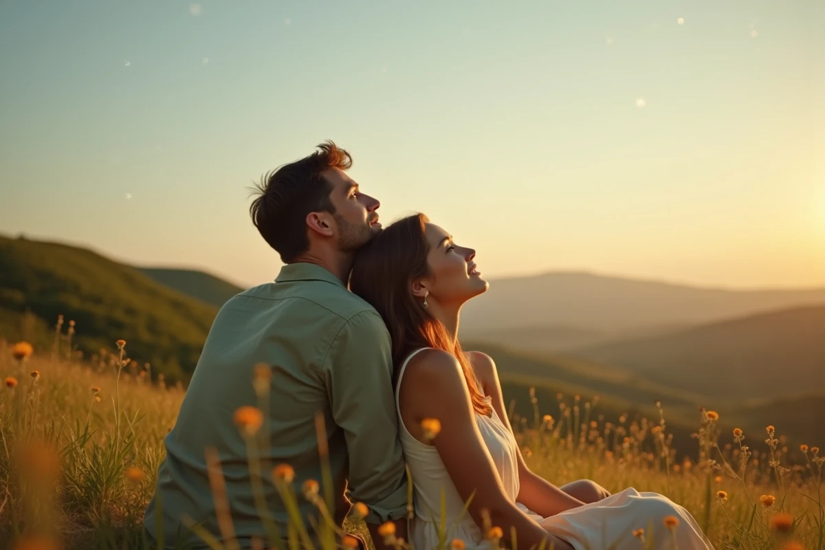 Couple regardant les étoiles allongé dans l'herbe, évoquant les relations amoureuses du signe astrologique Cancer né le 12 juillet