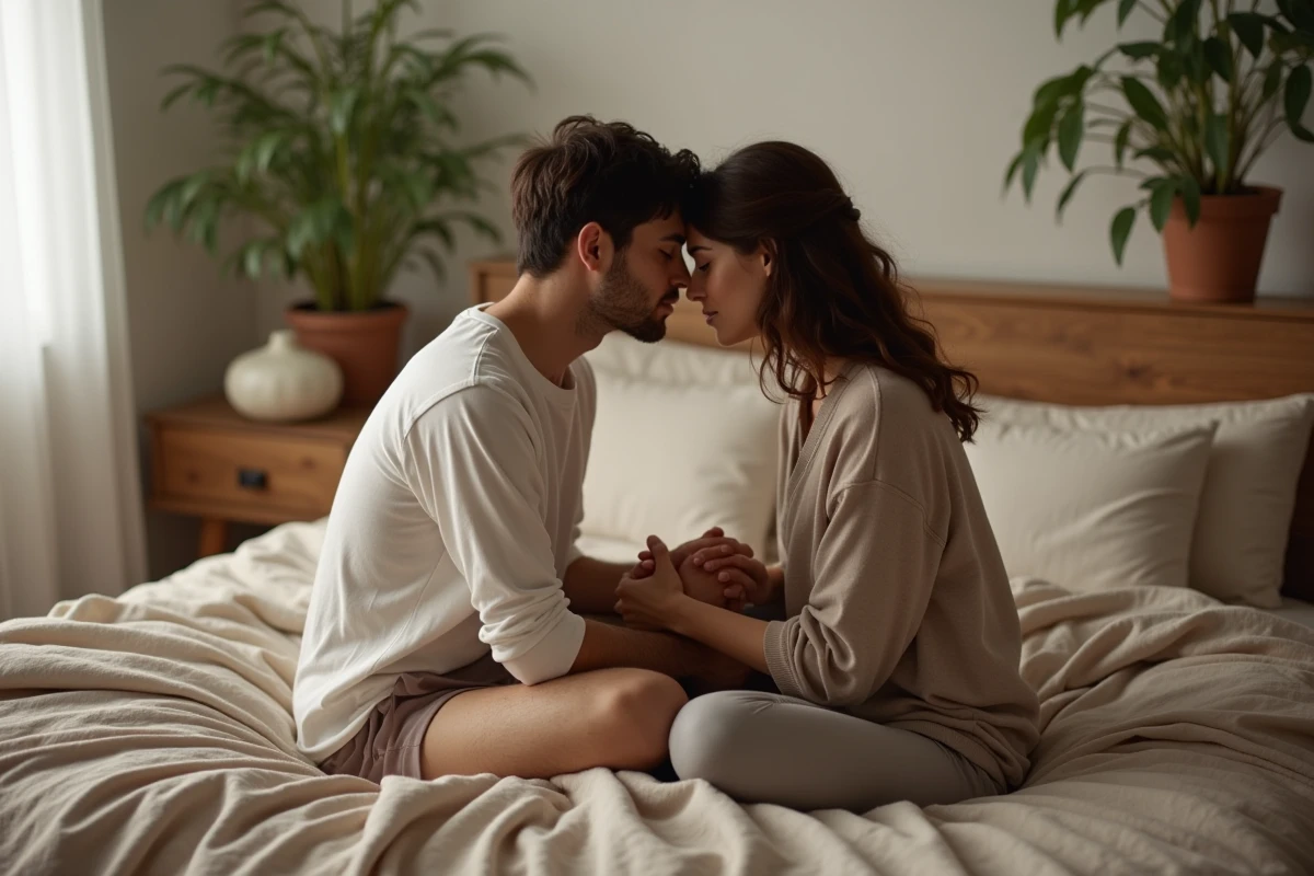 Couple enlacé sur un lit partageant un moment de connexion émotionnelle profonde et d'intimité