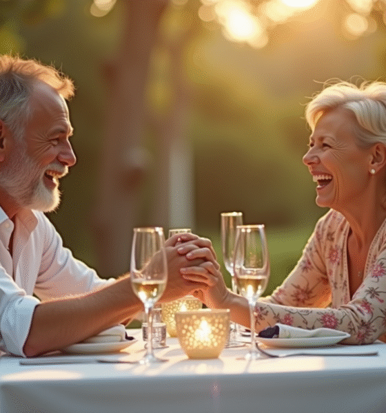 Couple d'âge moyen riant lors d'un dîner en plein air