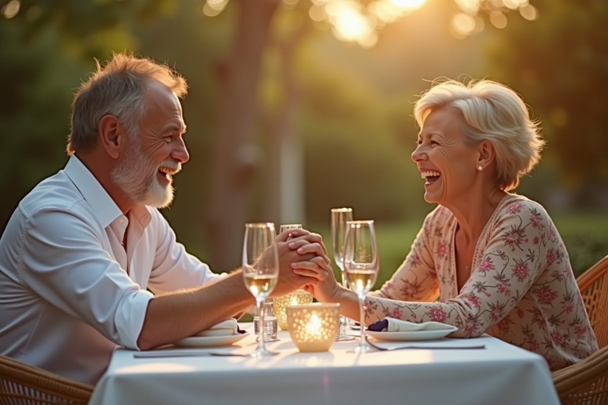 Couple d'âge moyen riant lors d'un dîner en plein air