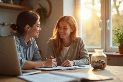 Jeune couple planifiant économies à la maison avec ordinateur