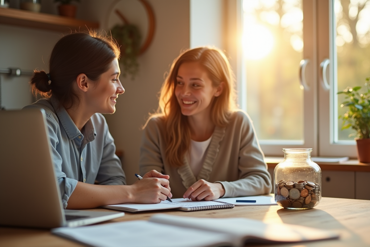 Jeune couple planifiant économies à la maison avec ordinateur