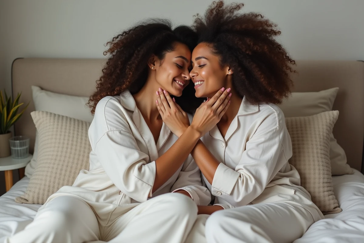 Couple de femmes partageant un moment d'intimité émotionnelle et de tendresse dans une chambre apaisante