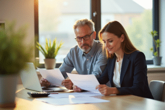 Couple d'adultes revoyant des documents financiers à la maison