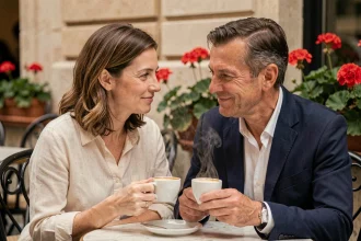 Couple élégant partageant un moment complice en terrasse de café parisien, illustration d'une romance épanouie