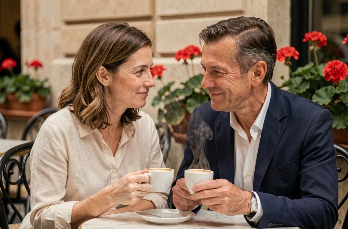 Couple élégant partageant un moment complice en terrasse de café parisien, illustration d'une romance épanouie