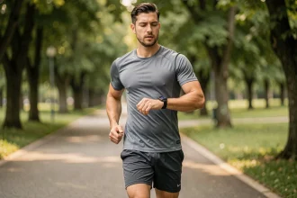 Coureur masculin consultant sa montre GPS pour suivre son allure en kilomètres et miles pendant un jogging en plein air