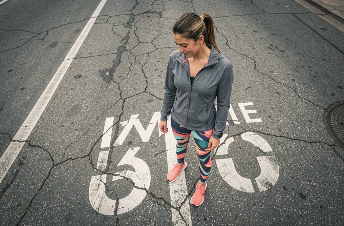 Coureuse observant un marquage kilométrique et en miles sur une route urbaine, illustration des repères de distance pour les coureurs