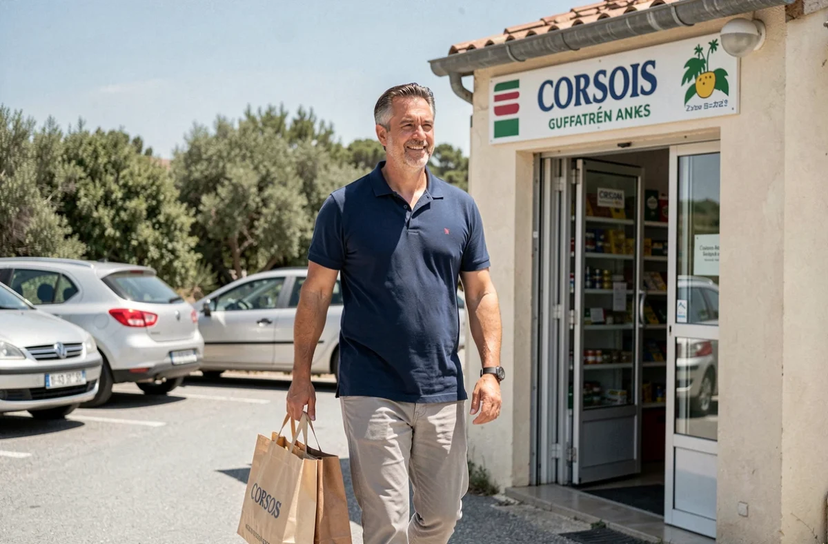 Homme sortant d'une supérette locale en Corse avec ses courses illustrant les alternatives aux enseignes discount absentes sur l'île