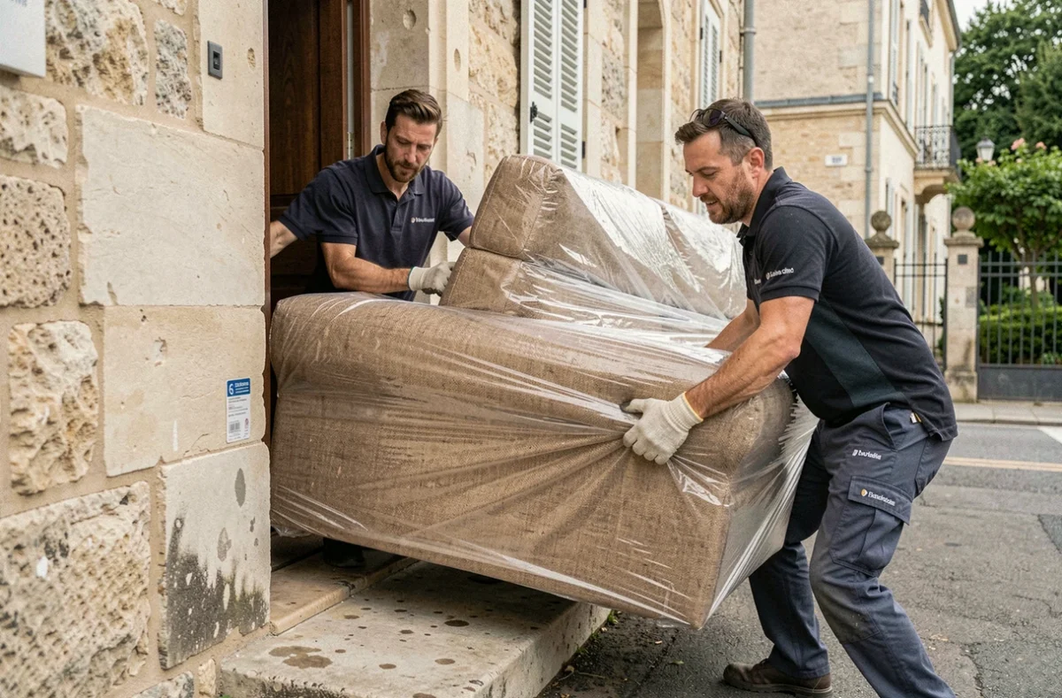 Déménageurs Courtet Déménagements manœuvrant un canapé dans une maison en pierre