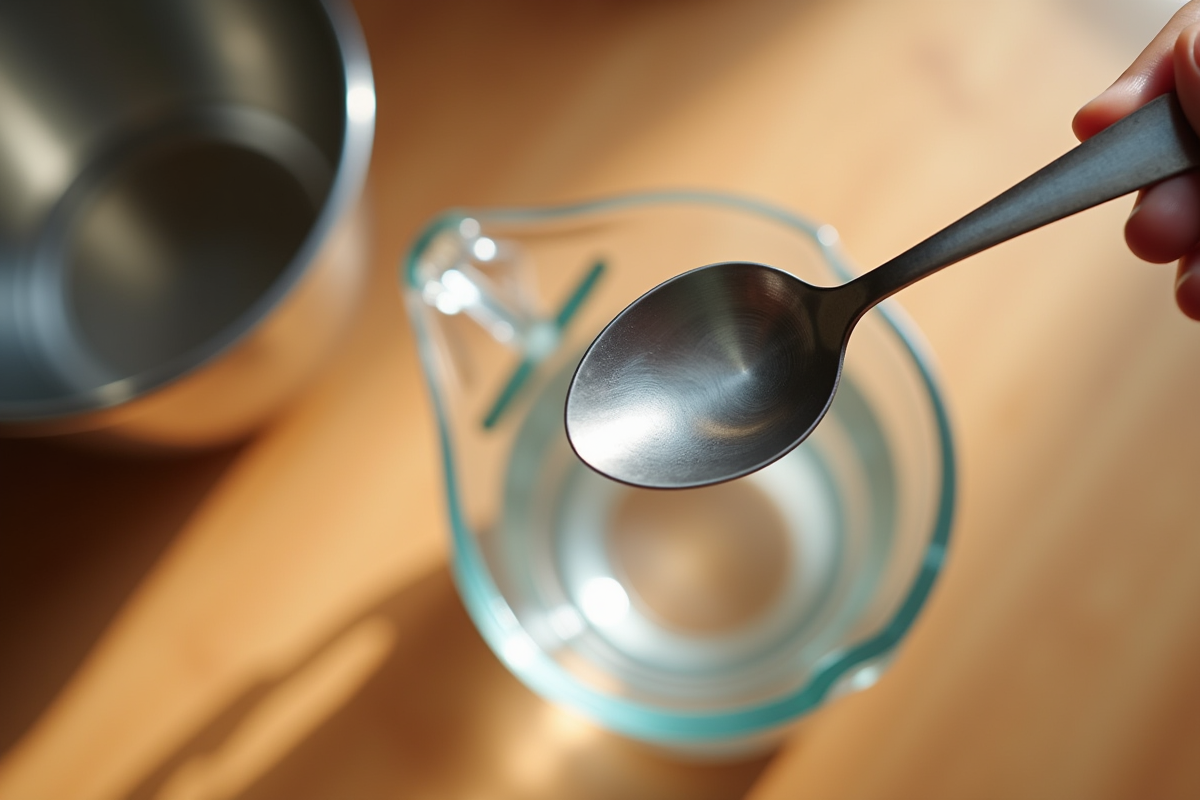 Cuillère en inox remplie d'eau sur plan de cuisine naturel