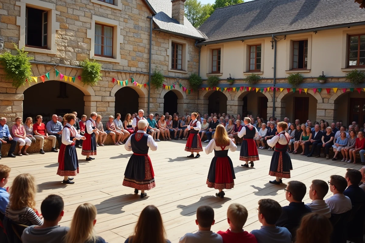 Danse folklorique traditionnelle lors d'une fête de village gratuite en Aveyron devant un public familial