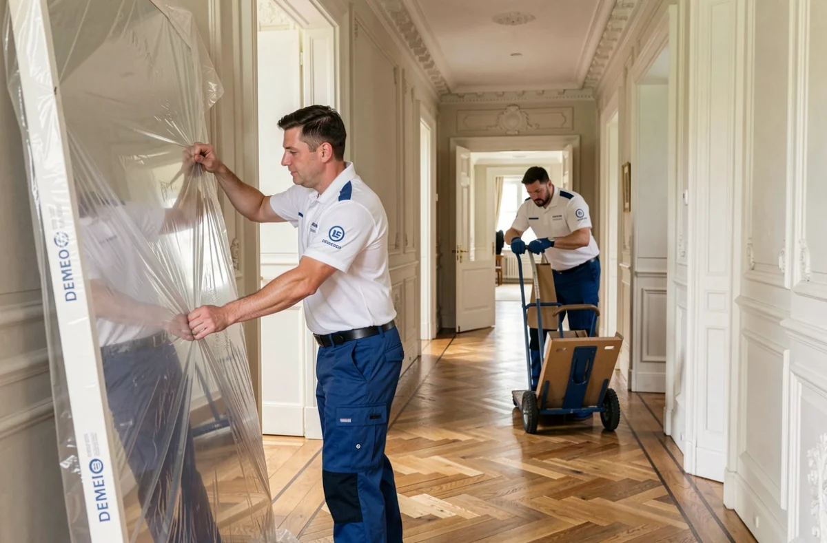 Déménageurs Demeco en uniforme emballant un miroir dans une maison de standing