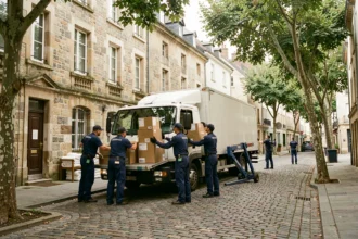 Camion de déménagement professionnel devant un immeuble en pierre dans l'Yonne