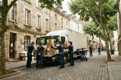 Camion de déménagement professionnel devant un immeuble en pierre dans l'Yonne