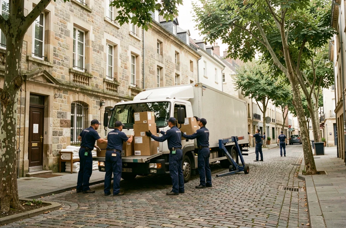 Camion de déménagement professionnel devant un immeuble en pierre dans l'Yonne