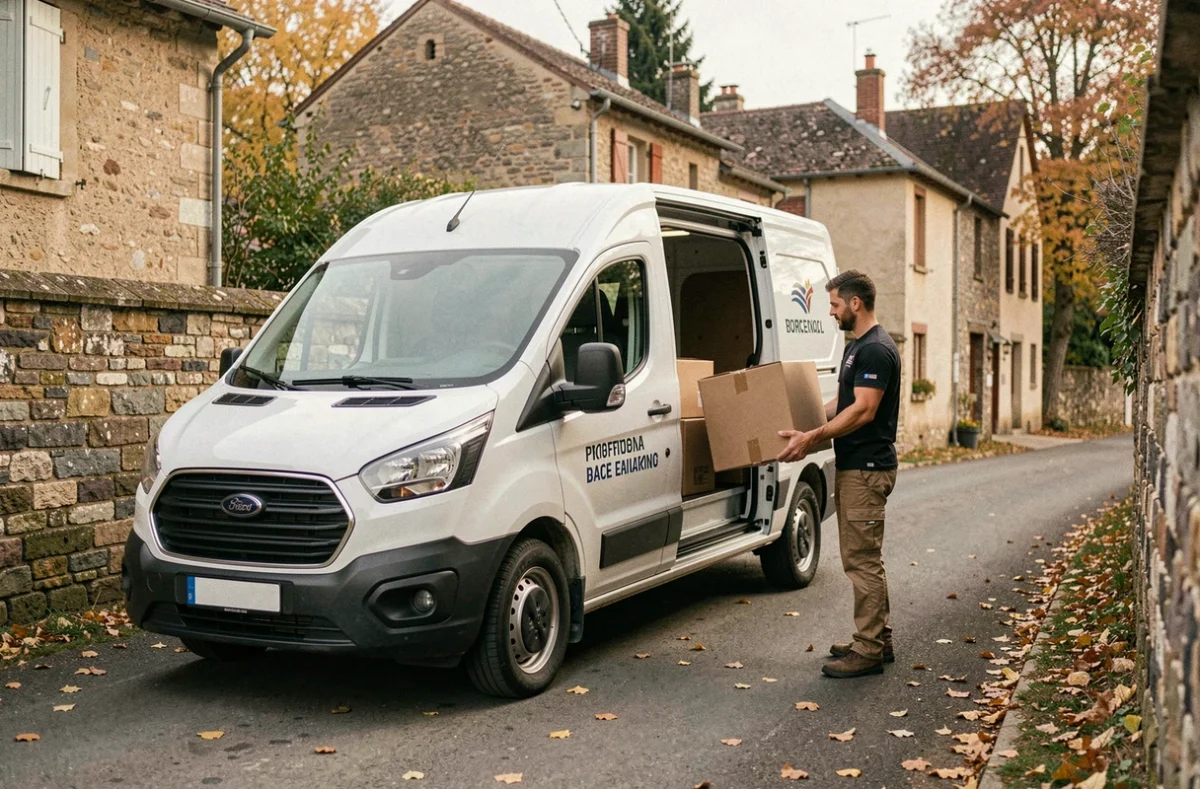 Camionnette de déménagement J M Bulle chargée dans une rue de village bourguignon