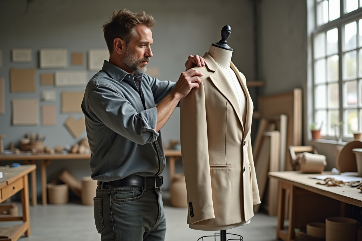 Designer mode ajustant un manteau durable dans son atelier