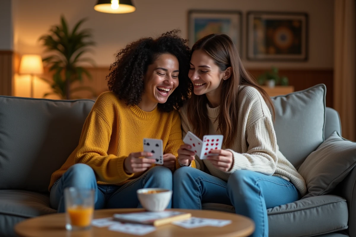 Deux jeunes femmes riant en jouant au jeu de cartes Palmier sur un canapé lors d'une soirée décontractée entre amis