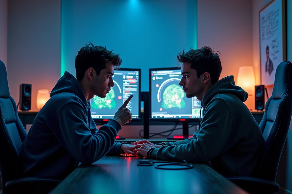 Deux joueurs analysant ensemble un replay de partie League of Legends sur un double setup gaming pour progresser