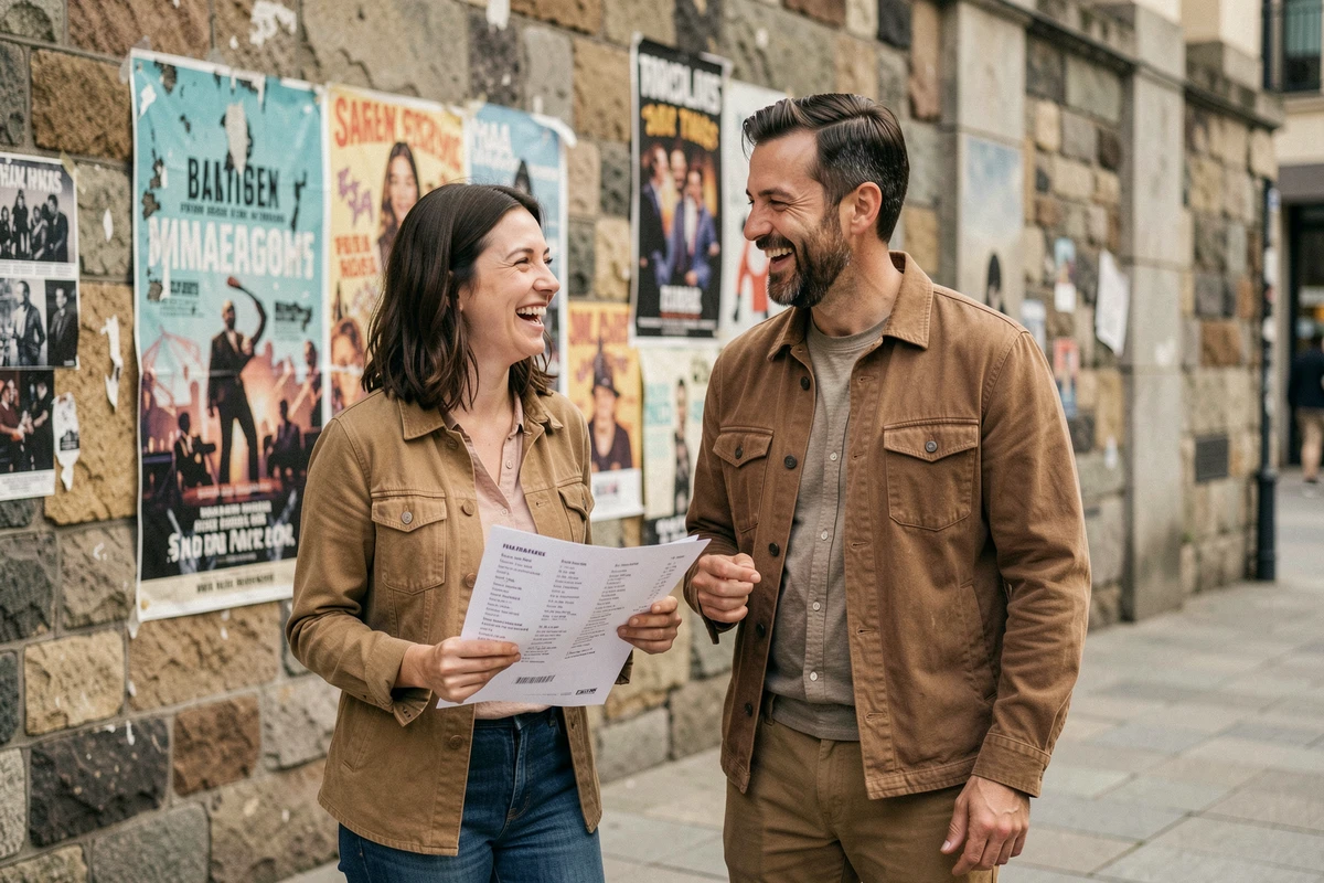 Deux artistes chanteurs complices en extérieur devant un mur de concert urbain, évoquant la scène musicale et les talents incontournables à connaître en 2026