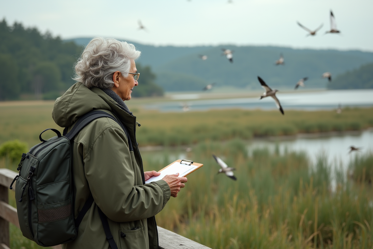 Ecologiste âgée observant des oiseaux migrateurs dans un wetland