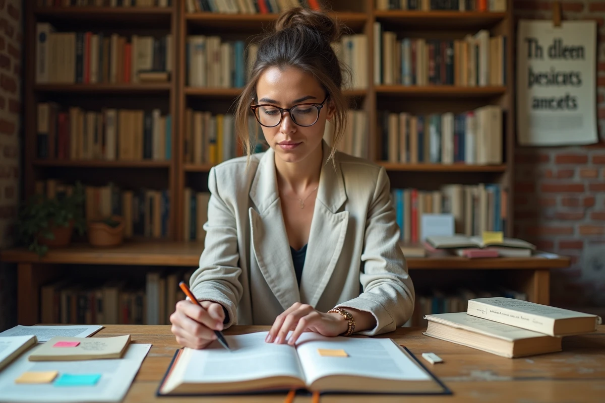 Éditrice indépendante révisant un manuscrit dans un bureau littéraire encombré de livres et de notes manuscrites