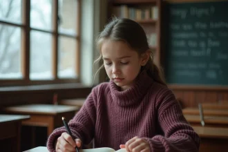 Jeune élève lisant un recueil de poésie en classe pendant l'hiver, atmosphère studieuse et contemplative