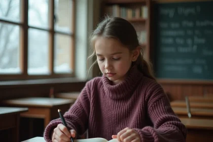 Jeune élève lisant un recueil de poésie en classe pendant l'hiver, atmosphère studieuse et contemplative