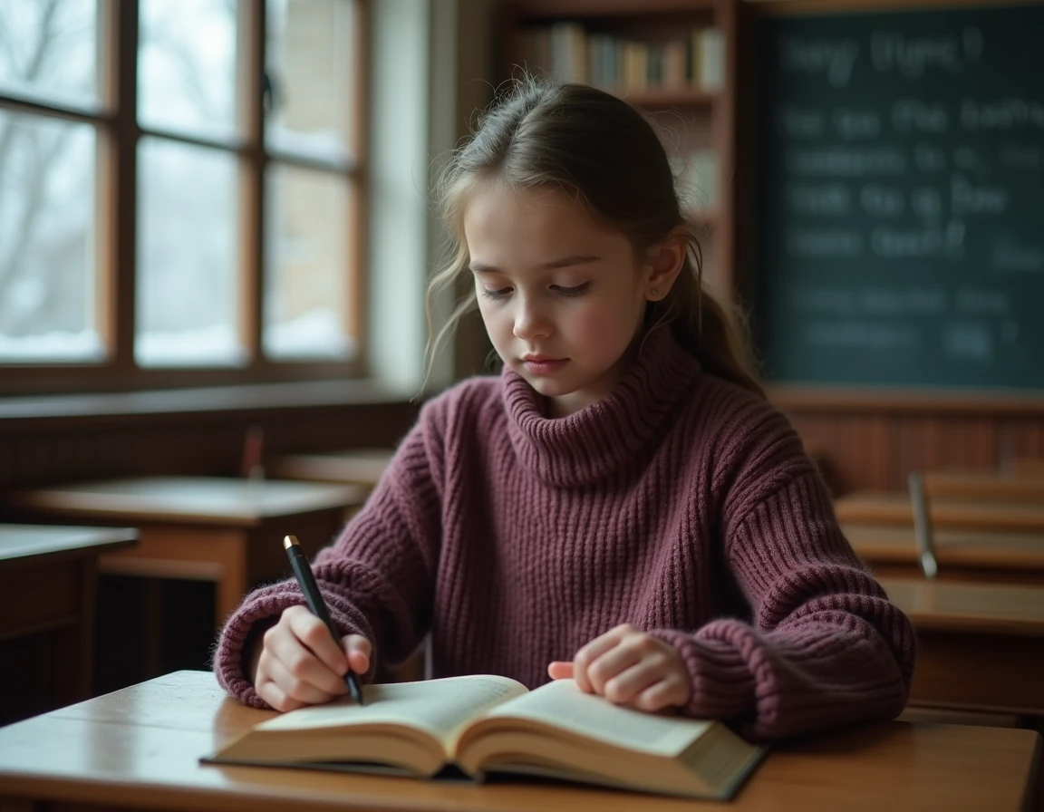 Jeune élève lisant un recueil de poésie en classe pendant l'hiver, atmosphère studieuse et contemplative
