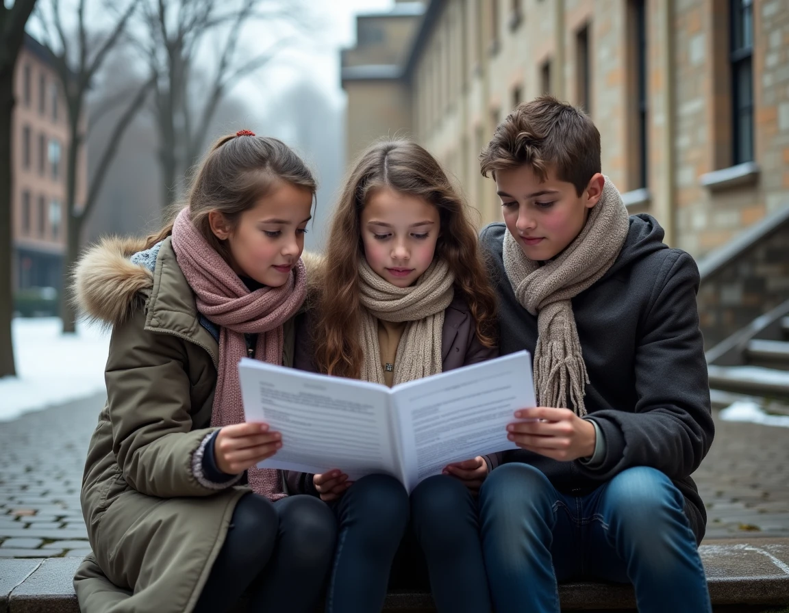 Groupe d'élèves lisant ensemble un poème sur les marches d'une cour d'école en hiver