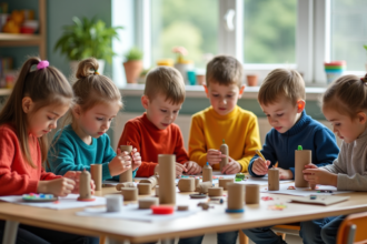 Enfants de 4 ans créant des sculptures avec matériaux recyclés