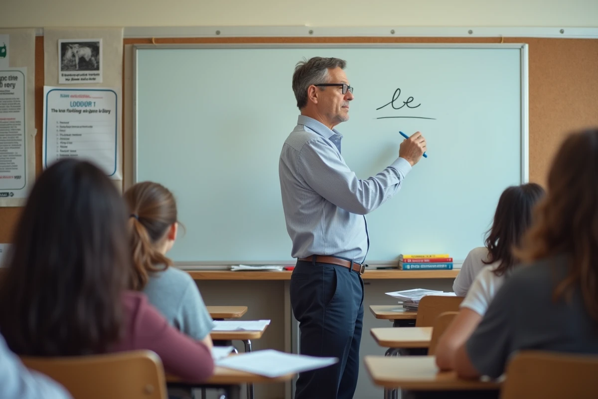 Professeur écrivant le mot le devant la classe