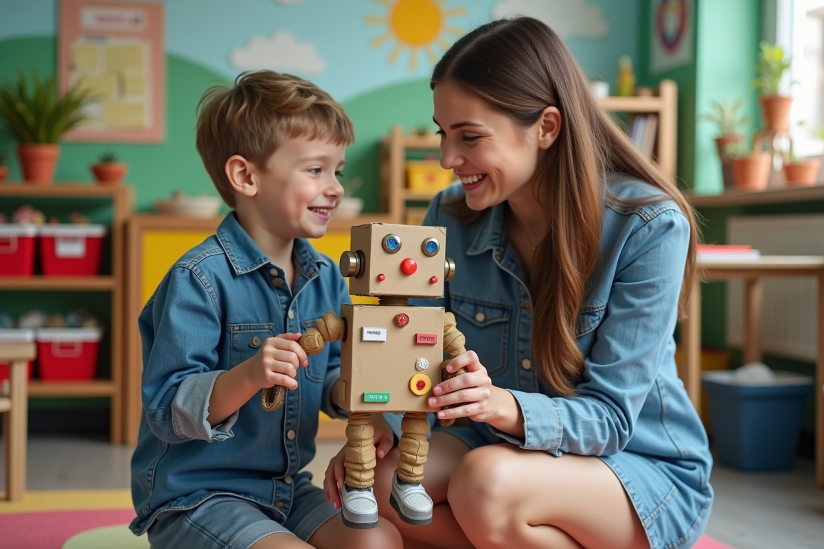 Une enseignante aide un enfant avec un robot en recyclage