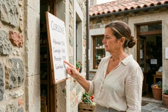 Femme devant une épicerie indépendante en Corse illustrant l'absence de grandes surfaces discount sur l'île