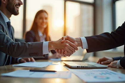 Deux professionnels serrant la main dans un bureau moderne