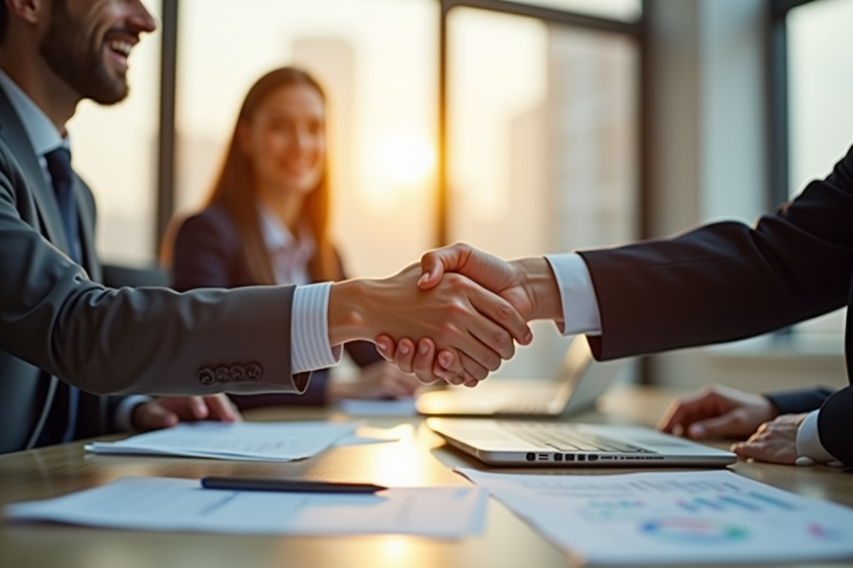 Deux professionnels serrant la main dans un bureau moderne