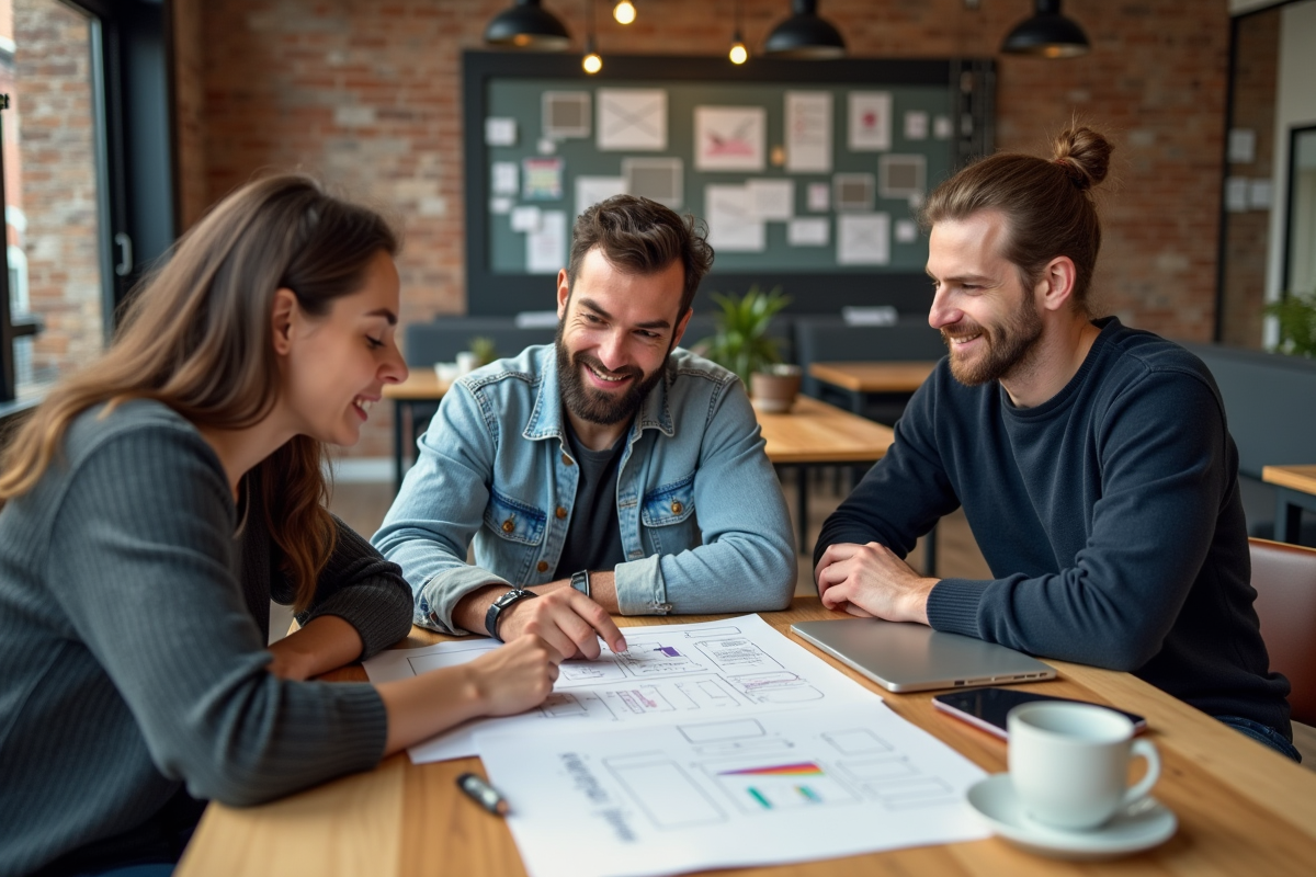Groupe de développeurs web en pleine discussion créative