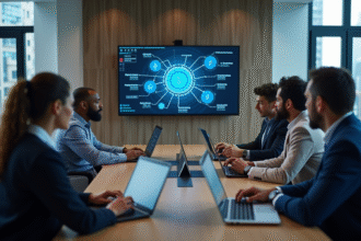 Groupe de professionnels discutant autour d'une table avec diagramme blockchain