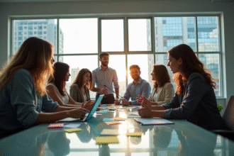 Equipe diversifiee en brainstorming dans un bureau moderne